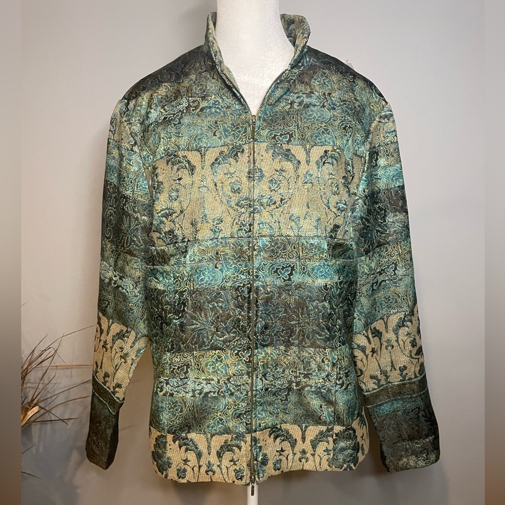 Coldwater Creek Teal and Beige Patterned Zip Jacket